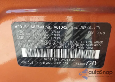 2018 Mitsubishi Mirage Es z USA, uszkodzony, nr VIN ML32A3HJ1JH011082